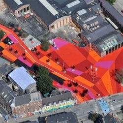The Red Square in Superkilen – a multicultural area of Copenhagen – is the recently completed sports end (in hues of red) of the new park. Designed by Superflex, Big, and Toptek1.