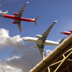 Composite of airplane landings at San Diego International Airport.
