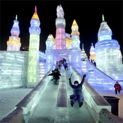 Incredible LED lit ice slides at the Harbin Ice Festival in China.