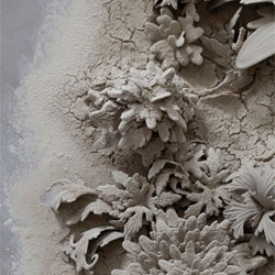 Beautiful detail of Phoebe Cumming’s “Flora,” a work in unfired clay, part of “Swept Away: Dust, Ashes, and Dirt in Contemporary Arts and Design,” opening today at the Museum of Arts and Design.