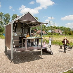 The Buijtenkitchen from Studio Elmo Vermijs, a mobile kitchen traveling in the outskirts of Rhoon is based on the old bakeryhouses where the wood stove is the base of the kitchen.