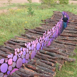 Beautiful installation work by Michael McGillis. This piece, Wake, is created from logs whose ends are painted purple.