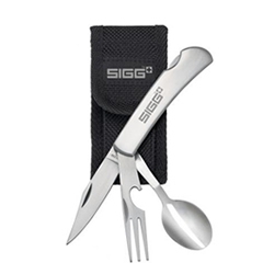 Outdoor Cutlery Knife by Sigg is an essential piece of equipment for campers, hikers and adventurers. Knife, fork and spoon, all in one.