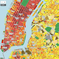 Beautiful map of the total annual building energy consumption for New York City.
