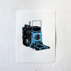 A tribute to vintage cameras - when they were big, clumsy and speculator.  Artist Karl Addison's limited edition screen print.