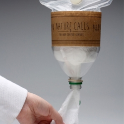 When Nature Calls is a waterproof toilet paper capsule made from a 2L plastic soda bottle, a resealable bag, reflective tape, silicone, twine, and recycled paper.