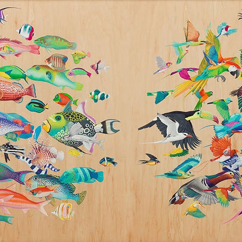 Tiffany Bozic's solo show "Spectrum" at Joshua Liner Gallery features stunning juxtapositions of creatures in acrylic on maple panels! The way she integrates the wood grain into the imagery is gorgeous!