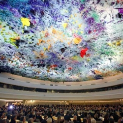 Created on the dome of the Human Rights room in the UN in Geneva, this gigantic multicolored canopy was designed by the renowned Spanish artist Miquel Barcelo.