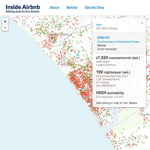 Inside Airbnb - great visualizations of the Airbnb data in a lot of major cities. Zoom into the maps and see which of your neighbors are listing their place, how many are really in your city, or download the data and mine even more.