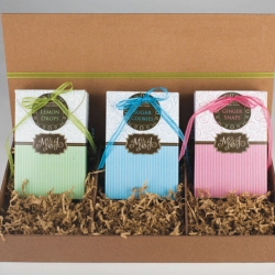 Lovely package design by San Fransisco based designer Allie Packard for M&J Cookie Mix. Great outer box to go along with some fun colorful cookie mix packages inside.