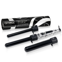 The amika Triple Barrel Pro Curler Set has 3 interchangeable tourmaline barrels that easily create curls of any size and shape. The curlers feature tourmaline barrels fused with ceramic which provides faster and safer styling.  
