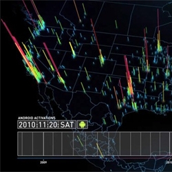 Incredible data visualization of global Android device activations from October 2008 to January 2011.