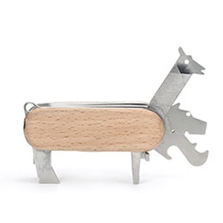 Kikkerland Animal Multi Tool designed by Studio Scratch. Includes flat head screwdriver, bottle opener, knife, wire stripper, file, phillips head screwdriver, and punch.