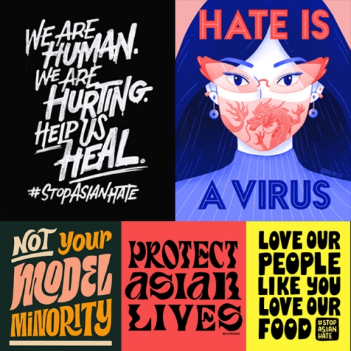 Stop Asian Hate - collection of printable posters at Huyen Dinh's site featuring artwork from Asian American artists (bit confusing with the flags on the site) Seen here - work from Huyen Dinh, Dan Lee, Joe Lee, Jin Kim, and Nhi Nguyen.