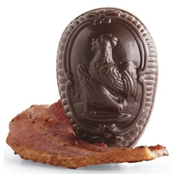 Bacon & Eggs... for Easter? Really its a Bacon Chocolate Egg... filled with liquid caramel... from Vosges Chocolate (the choc bacon bar folks!)