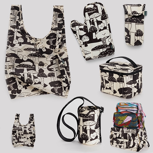 Baggu black and white Mushroom print now on... everything? From their classic reusable bags to even pot holders, oven mitts, and pouches and more!