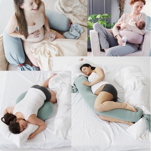 bbhugme pregnancy pillow designed by Norwegian pre/post-natal chiropractors. It's multipurpose (full body, arm/back rest, rest ON your belly, nursing, newborn hangout) and adjustable (slide the silicone pebbles to adjust density and double as teethers)