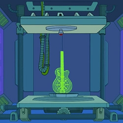 The latest episode of Futurama "Forty Percent Leadbelly" (s7, e14) has bender 3D printing a folk singer's guitar on a Make-O-Matic!