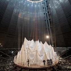 Big Air Package, an indoor installation for the Gasometer Oberhausen in Germany is 90 meters high, with a diameter of 50 meters and a volume of 177,000 cubic meters, the work of art is the largest ever inflated envelope without a skeleton.
