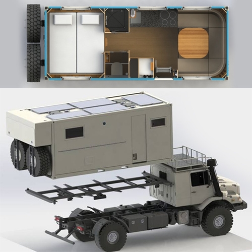 Bliss Mobil - intriguing luxury expedition vehicles built into steel frame, all in one boxes with solar panel tops that are easily detached and shipped. They can be mounted a variety of trucks (like unimogs!)