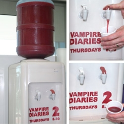 Colenso BBDO, Auckland filled water coolers with blood, to promote the new show Vampire Diaries on TV2.These were placed in gyms, offices, hairdressers and other public places.