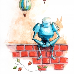 Cool watercolor and digital art featuring robots and other unusual subjects, by artist Nancy Dorsner.