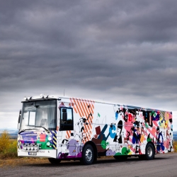 Swedish design group Muungano has design the Swedish Book Bus of the Year 2008. The awesome graphics was done by They Graphics. The bus visits more than 30 villages in northern Sweden. Each village gets a visit every 4th week.