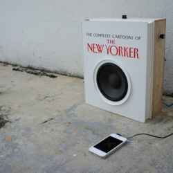An up-cycling project utilizing used browsing copies of books discarded by book stores. It explores the amalgamation of the analog with the digital by word-playing the two words "AUDIO" and "BOOK".