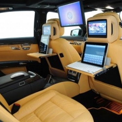 The Brabus Mercedes S600 iBusiness luxury sedan packs in a range of multimedia features, including two iPads in the rear seats, an ultra-small Mac minicomputer under the rear shelf and a 64GB Apple iPod Touch.
