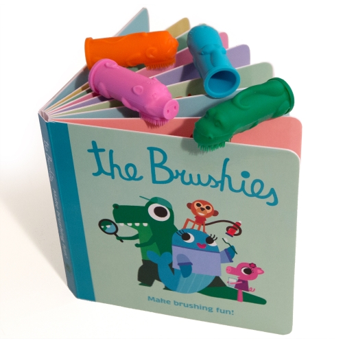 The Brushies! Finger puppet toothbrushes for kids 4 weeks to 4 years old that are shaped like animals (trex, pig, whale, monkey) that also star in their cute illustrated board book! Made of non-toxic food-grade silicone. 