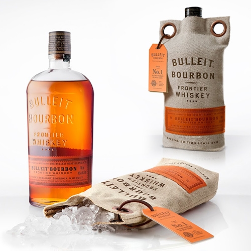 Bulleit Bourbon Special Packaging. A custom canvas Lewis Bag with a magnetic closure. The bag is perfect for crushing ice with a mallet.