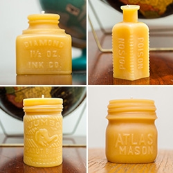 Old New House Antique Bottle Beeswax Candle Collection - such a nice way to bring back the awesome vintage packaging shapes and fonts!