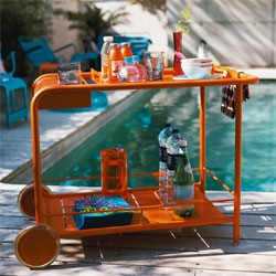 Fermo Luxembourg Bar Cart features removable tray top, wheels for easy transportation and wine rack on the bottom shelf. Comes in a rainbow of colors.