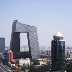 The facade of the iconic CCTV Building in Beijing by OMA is completed, just in time for the Olympics.