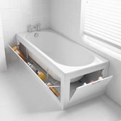 Stowaway's bath panel storage system. The opening panels on the sides of the bath create a discreet storage space.
