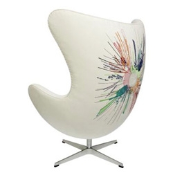 Fritz Hansen "Hitchhiker's Guide to the Galaxy" Egg Chair in collaboration with Lost Weekend and Penguin. Exploding earth graphic on white leather backs, limited edition of 42 chairs [Editor's Note: of course 42.]