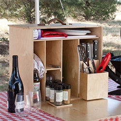 My Camp Kitchen ~ Mini Chef! Everything you need can fit into a simple set up made of  9 mm Baltic birch plywood that opens up like your kitchen next to your grill!