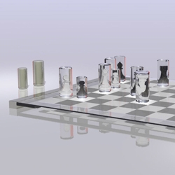 A Chess Set inspired by the novel 'Alice through the Looking Glass'. In this set the opaque mirrored pieces magically turn transparent when they touch the board, revealing the identity of the piece contained within them. 