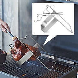 Interesting Chicken Roasting contraption from Williams Sonoma - it suspends the chicken upside down so the juices of the dark meat continually baste the white meat. The roaster can be flipped to accommodate various grill/oven heights.