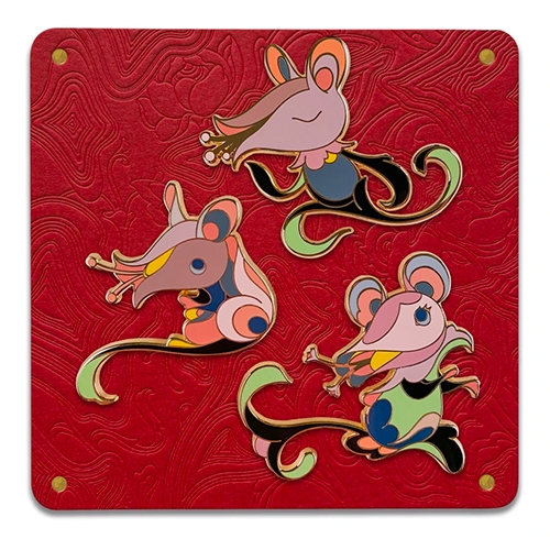 James Jean Year of the Rat pin set launches this Lunar New Year. Limited edition of 1000 sets of 3 pins. Stunning little floral rodents!