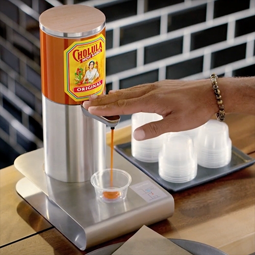 Cholula x SimpleHuman Hands-Free Hot Sauce Dispenser! Battery powered to go anywhere... pandemic friendly (assuming people don't touch it anyhow?) 
