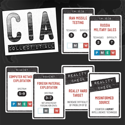 CIA: Collect It All is a competitive card game based on the CIA game Collection Deck. Players take on the role of agents who are collecting intelligence and tackling security threats over multiple rounds. By Techdirt + Diegetic Games.