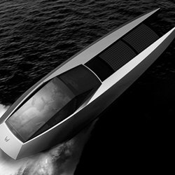 The Code X is a high speed yacht that uses both Twin 710hp Ilmor engines or twin electric/solar drives. Its daringly minimalist and mean origami-meets-Tie-fighter look matches its avant garde styling with equally cutting edge technology.