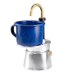 One cup aluminum espresso from GSI outdoors makes one double shot serving in 90 seconds.