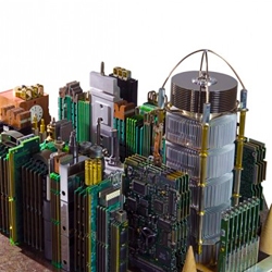 Franco Recchia uses recycled computer parts to create miniature city skylines. 