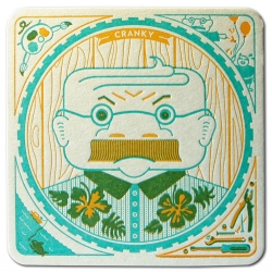 The series of letterpress coasters features four seaside dwelling elderly folk called 'The Coasters' with names like Mr. Snogglebaum and Cranky, who have a penchant for booze and old time hobbies. 