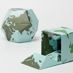GeoGrafia's Flippable Globe "cube in dodeca" ~ this paper globe you can assemble yourself - "The reversible globe shows both simple outline of lands on one side (dodecahedron) and complex political borders on the other side (cube)."