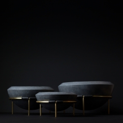 Announcing the Lunah dark series. These vessels, inspired by opposites, represent the constant shift between the dynamic forces around us. Concrete, solid brass, and hand sewn full grain leather. 
