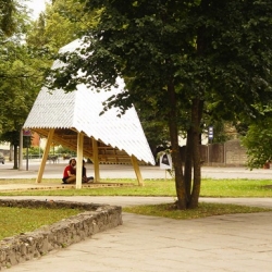 Students from RTU International Architecture Summer School in Cēsis, Latvia designed a temporary library and book exchange clad in recycled food packaging.