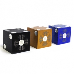 Precision aluminum dice are perfectly balanced by drilling pip holes of different depths on opposite sides of each die to maintain statistical equality in each roll. Available in gold, blue, and black.